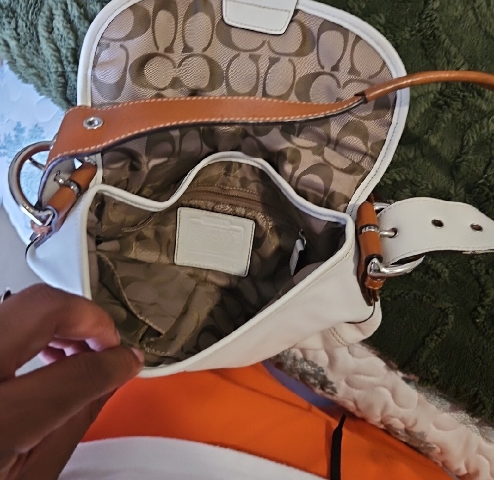 Coach White and Tan Shoulder Bag with Buckle Accent - Picture 3 of 9